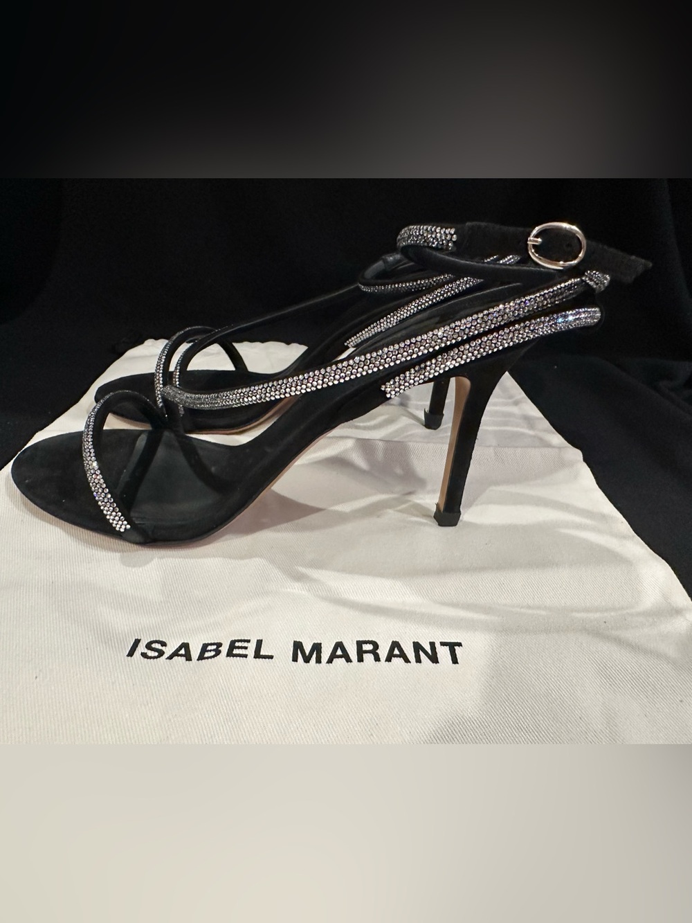 Isabel Marant Strassy Black Rhinestone Strap High Heel Sandals 40 made in Italy - Picture 11 of 16
